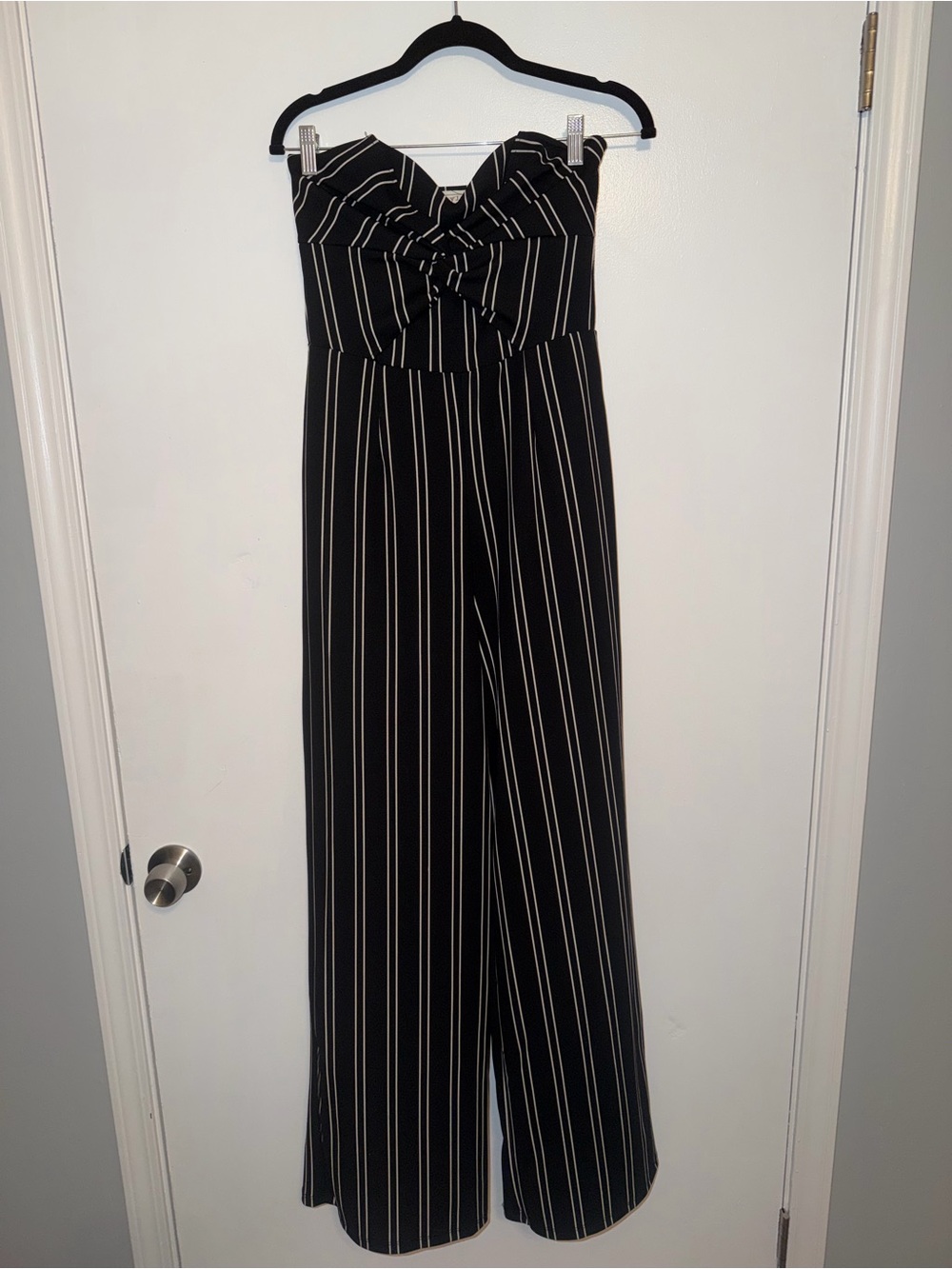 Style Rack Black Strapless Pinstripe Jumpsuit with Front Bow